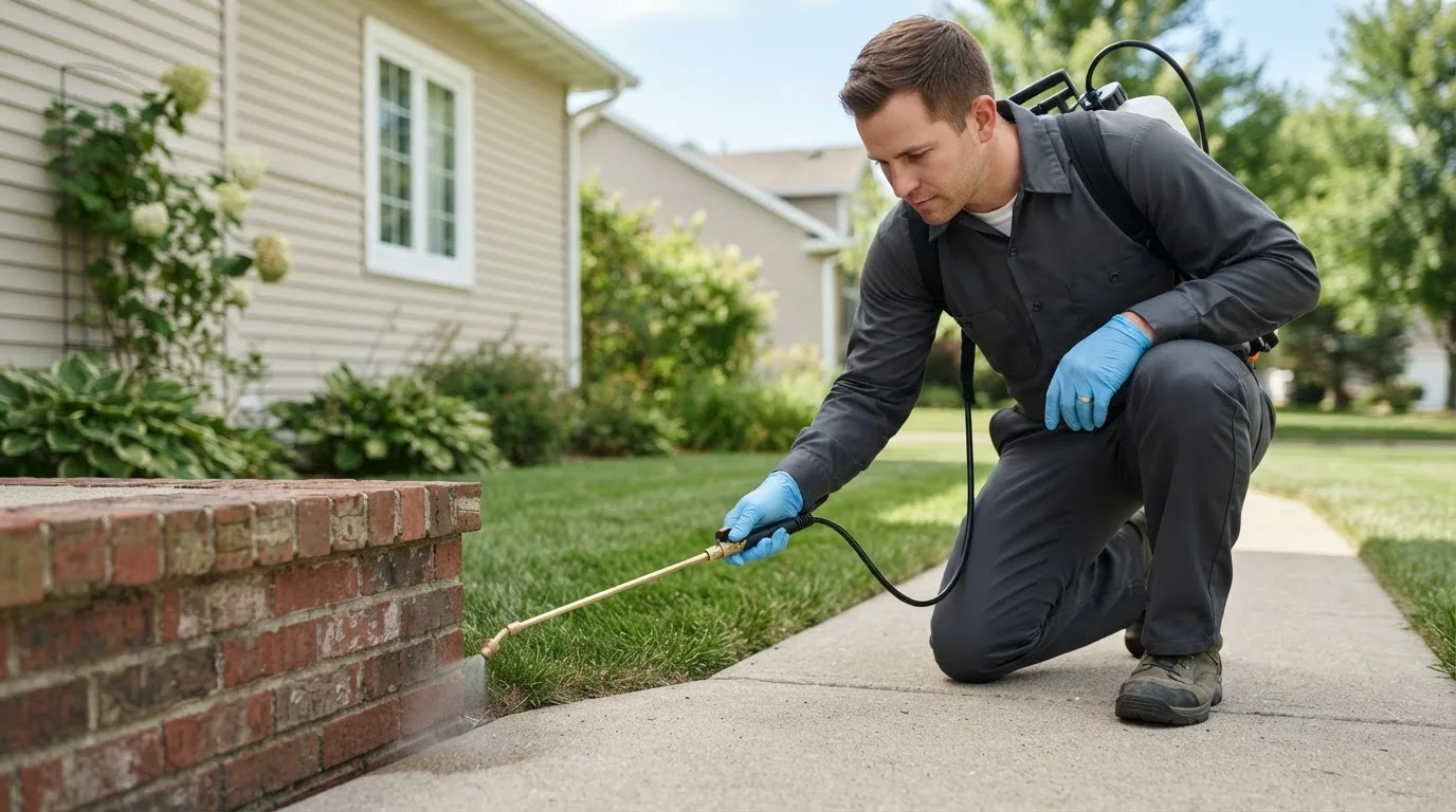 Pest control technician treating a home near Eggleston, VA